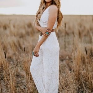 NWT Southern Fried Chics White Nude Lace Jumpsuit V Neck Large